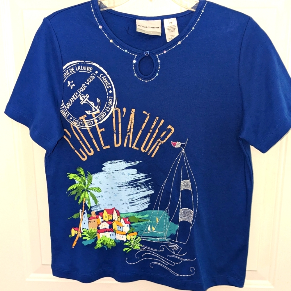 Alfred Dunner Cote D’Azure Short Sleeve Top Vacation Sailing Royal Blue Petite L